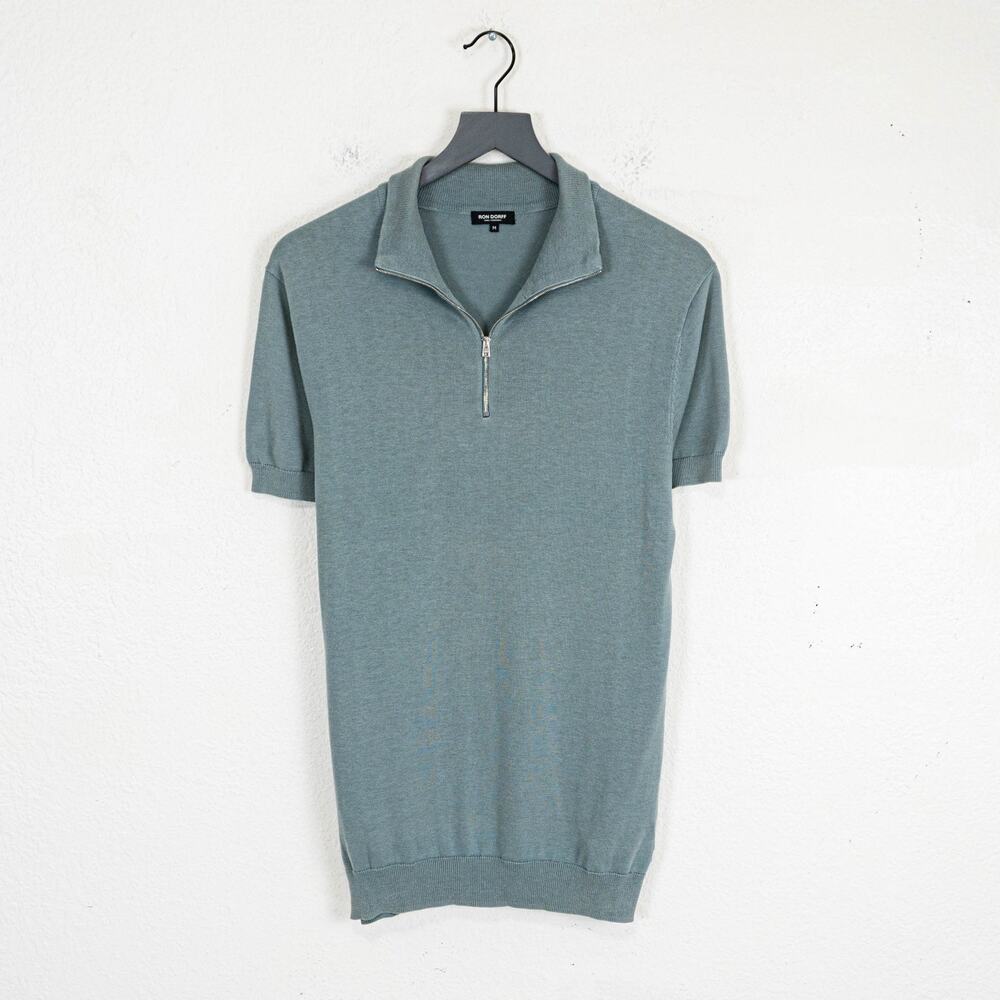Ron Dorff Cotton Silk knit zip Polo shirt Sage Green size Medium